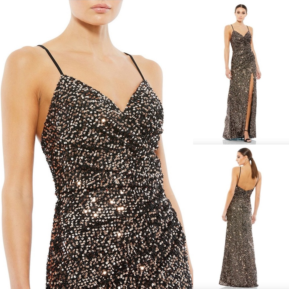 NWT Mac Duggal Sequined Gown Bronze Size 10 Gather Waist Low Back Formal Gown - Picture 12 of 14